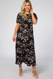 Black Floral Empire Waist Ruffle Hem Maternity Midi Dress