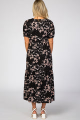 Black Floral Empire Waist Ruffle Hem Maternity Midi Dress