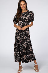 Black Floral Empire Waist Ruffle Hem Maternity Midi Dress