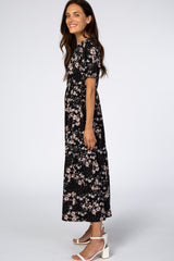 Black Floral Empire Waist Ruffle Hem Midi Dress