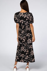 Black Floral Empire Waist Ruffle Hem Midi Dress