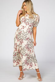 Ivory Floral Empire Waist Ruffle Hem Maternity Midi Dress