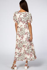 Ivory Floral Empire Waist Ruffle Hem Midi Dress