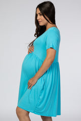 Blue Short Sleeve Babydoll Maternity Dress