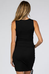 Black Ribbed Sleeveless Ruched Maternity Dress