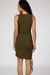 Olive Ribbed Sleeveless Ruched Dress