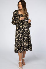 Black Floral Smocked Maternity Midi Dress