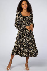 Black Floral Smocked Maternity Midi Dress