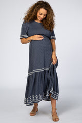 Navy Textured Embroidered Maternity Maxi Dress