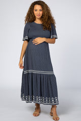 Navy Textured Embroidered Maternity Maxi Dress