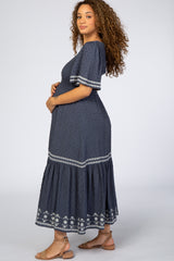 Navy Textured Embroidered Maternity Maxi Dress