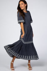 Navy Textured Embroidered Maternity Maxi Dress