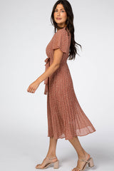 Rust Leaf Print Pleated Midi Dress