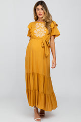 Yellow Floral Embroidered Maternity Maxi Dress