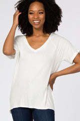 White Ribbed V-Neck Hi-Low Maternity Top