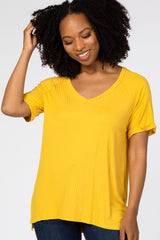 Yellow Ribbed V-Neck Hi-Low Top