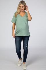 Mint Green Ribbed V-Neck Hi-Low Maternity Top