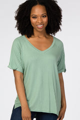 Mint Green Ribbed V-Neck Hi-Low Maternity Top