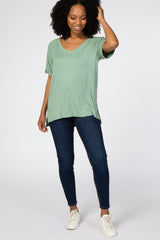 Mint Green Ribbed V-Neck Hi-Low Top