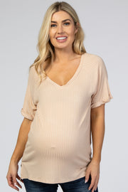 Peach Ribbed V-Neck Hi-Low Maternity Top