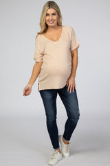 Peach Ribbed V-Neck Hi-Low Maternity Top