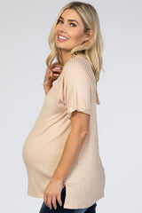 Peach Ribbed V-Neck Hi-Low Maternity Top