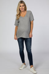 Heather Grey Ribbed V-Neck Hi-Low Maternity Top