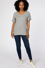 Heather Grey Ribbed V-Neck Hi-Low Top