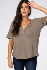 Mocha Waffle Knit Button Front V-Neck Top