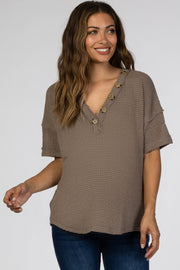 Mocha Waffle Knit Button Front V-Neck Maternity Top