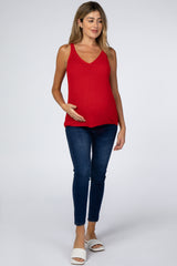 Red V-Neck Maternity Sweater Tank Top