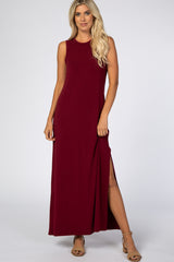 Burgundy Side Slit Maternity Maxi Dress