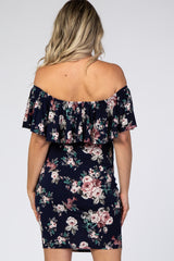 Navy Floral Ruffle Off Shoulder Fitted Maternity Dress