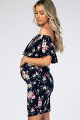 Navy Floral Ruffle Off Shoulder Fitted Maternity Dress