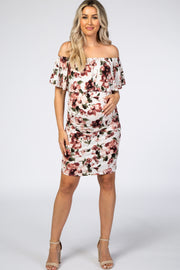 Ivory Floral Ruffle Off Shoulder Fitted Maternity Dress