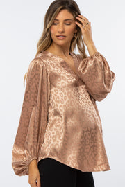 Taupe Satin Leopard V-Neck Maternity Blouse