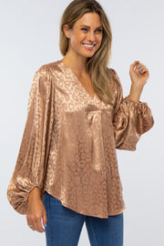 Taupe Satin Leopard V-Neck Blouse