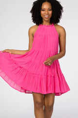 Fuchsia Halter Neck Tiered Dress