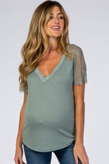 Sage Lace Sleeve V Neck Maternity Top