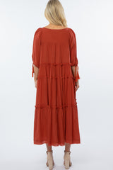 Rust Ruffle Tier Tassel Trim Maternity Midi Dress