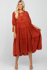 Rust Ruffle Tier Tassel Trim Maternity Midi Dress