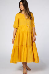 Yellow Ruffle Tier Tassel Trim Maternity Midi Dress