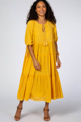 Yellow Ruffle Tier Tassel Trim Maternity Midi Dress