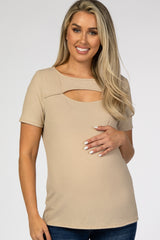 Light Taupe Cutout Short Sleeve Maternity Top