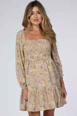 Taupe Floral Chiffon Smocked Square Neck Maternity Dress