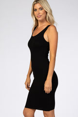 Black Sleeveless Ribbed Fitted Dress