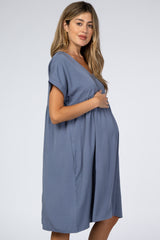 Blue Rolled Cuff Maternity Dress