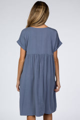 Blue Rolled Cuff Maternity Dress