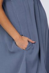 Blue Rolled Cuff Maternity Dress