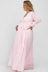 Light Pink Chiffon Long Sleeve Pleated Plus Maternity Maxi Dress